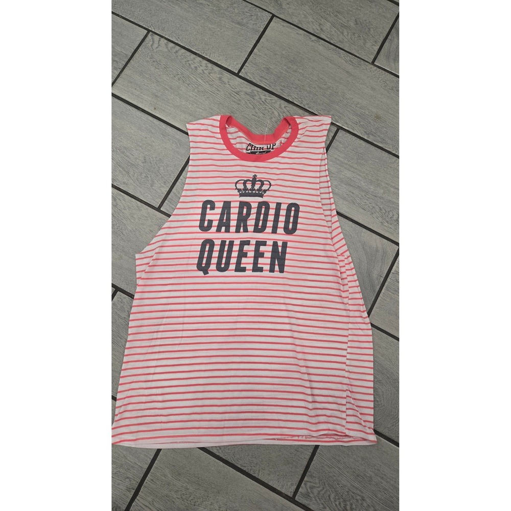 Chin Up Apparel Womens Cardio Queen Striped Muscle Tank Top Pink White XL